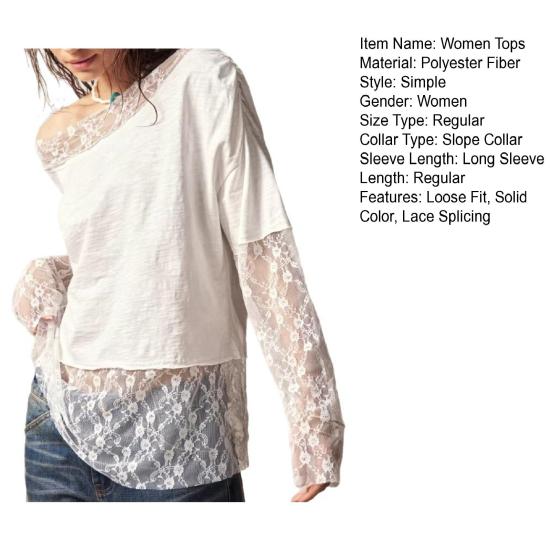 Women Tops Asymmetrical Neckline Lace Shoulder Design Casual Cuffs Dropped Tops Pure Color Lace Splicing Layering