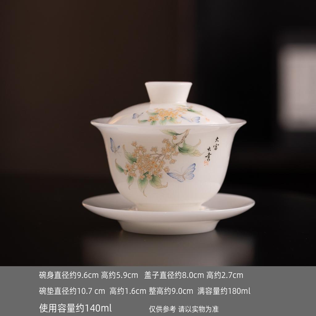 Ice seed jade porcelain hovering Sancai cover bowl Dehua white porcelain Kung Fu tea set household tea brewer gift hand-painted household