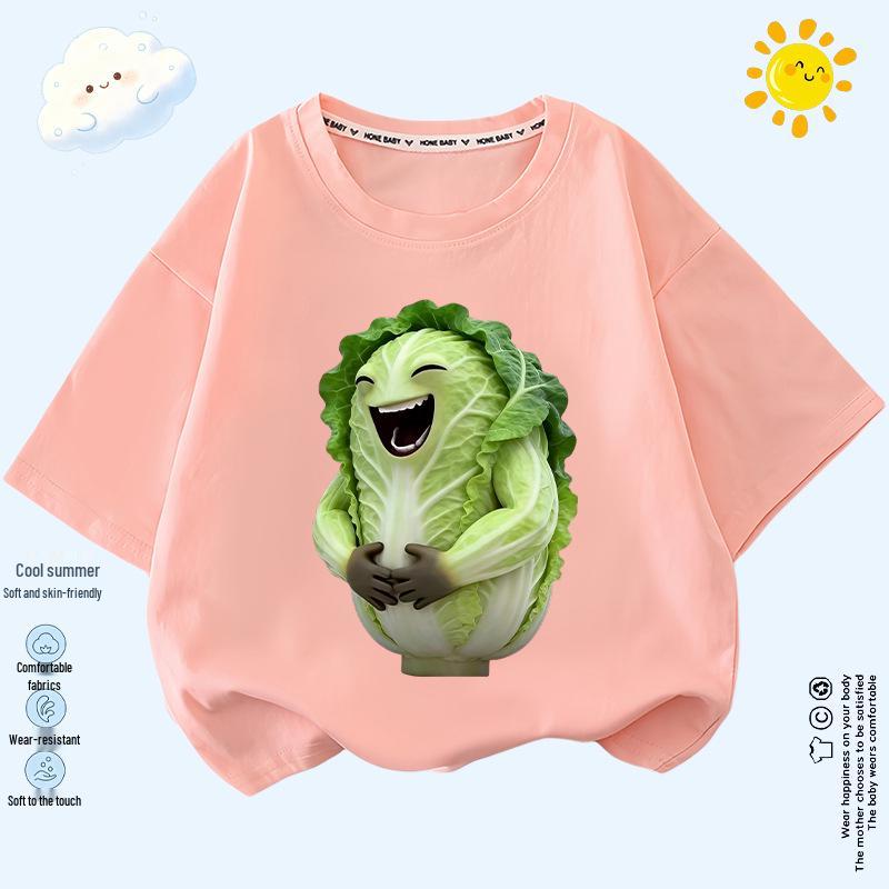 Kids' Smiling Cabbage Short Sleeve T-shirt - Fun Veggie Print, Lightweight, Unisex
