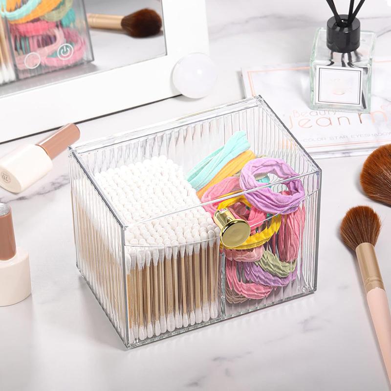2 Slot Qtip Holder Dispenser Rectangle Cotton Ball and Swab Holder Organizer with Lid Clear Bathroom Organizer Jar for Bathroom