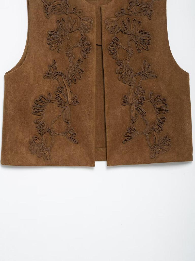Spring 2025 Women's European & American Style Embroidered Suede Vest