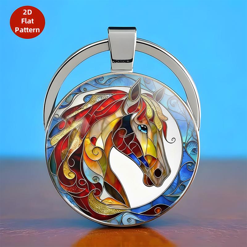 Vintage Horse Head Pattern Circular Pendant Keychain Backpack Hangings Decoration Gifts