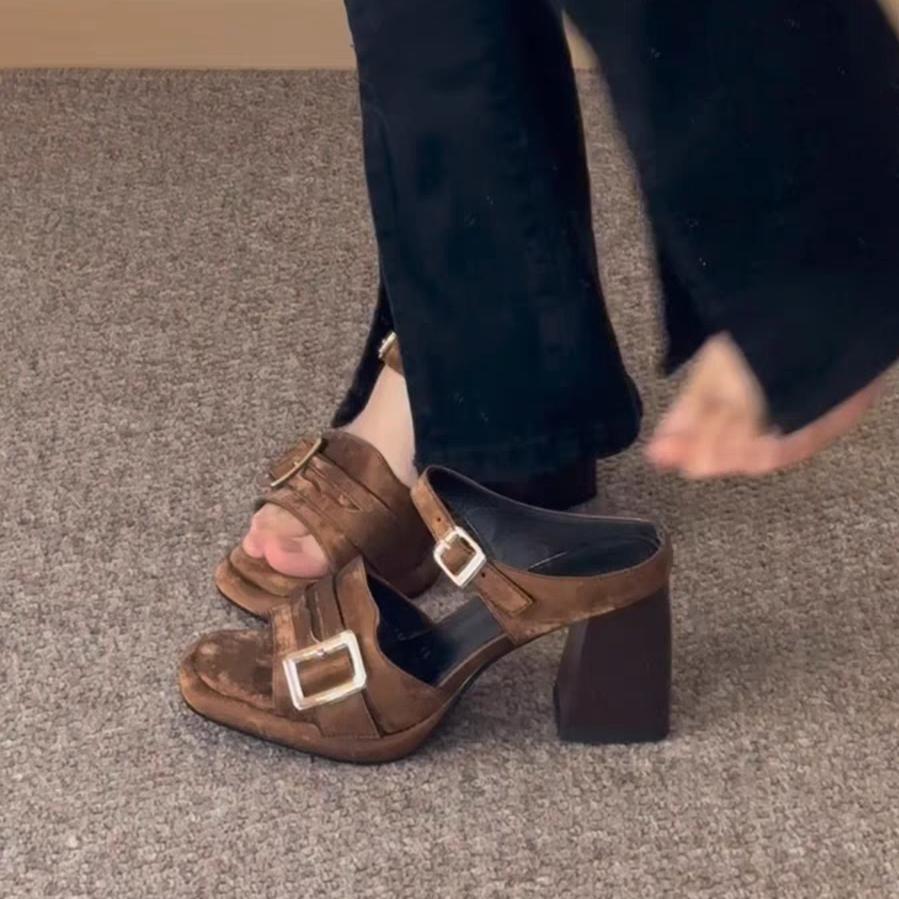 Fashion Summer New Thick Heel Sandals Fashion Square Head Shallow Mouth Metal Buckle Anti-slip Wear-resistant High Heels