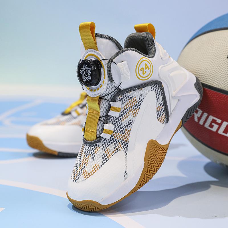 2025 New Autumn Boys' Basketball Shoes: Breathable Mesh, Rotating Buckle, Ideal for Students and Running.