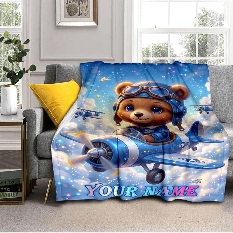 1PC Custom Name Bear Pilot Adventure Sky Blanket Versatile,all-season Throw Suitable for the Living Room,bedroom,camping,travel,and Gift