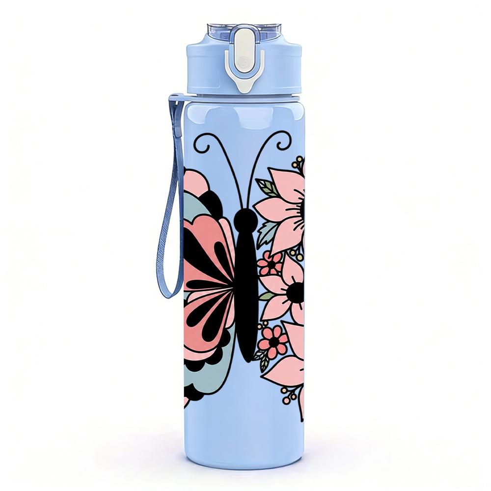 1PC Pink Daisy Border Butterfly 750ml Color Plastic Sports Water Bottle Leakproof Flip Straw Lid Suitable for Sports Office Home Use