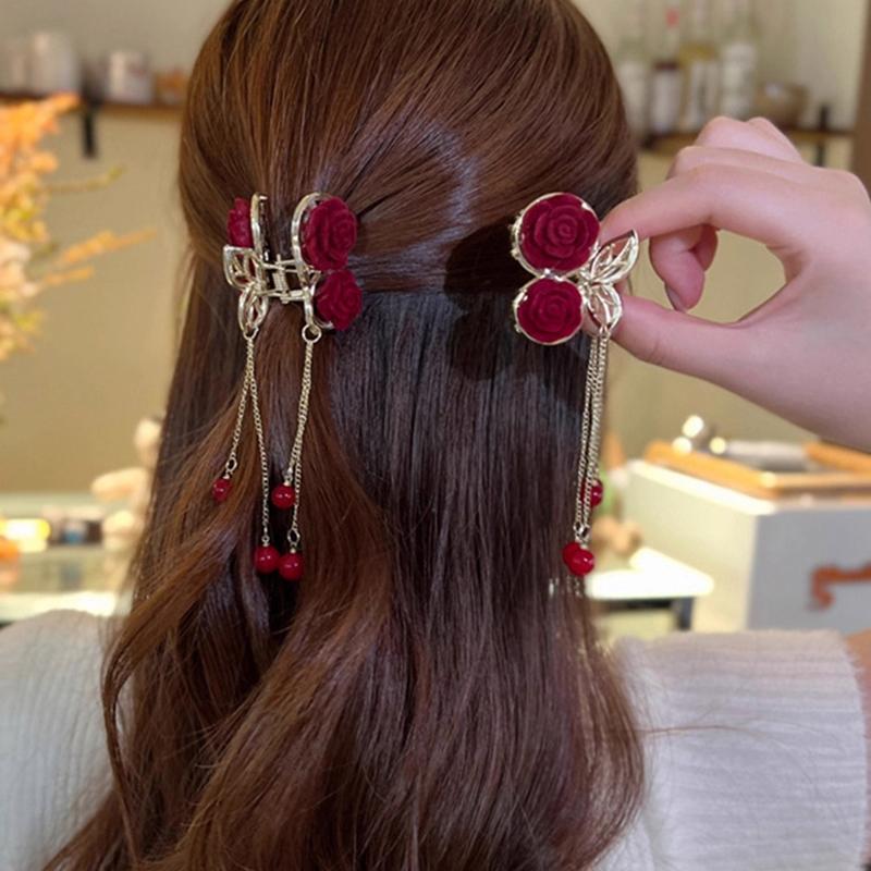 1Pc Vintage Elegant Red Flocked Rose Tassel Hair Clip Stylish Ponytail Claw Crab Clip For Girls Women Delicate Hair Accessories