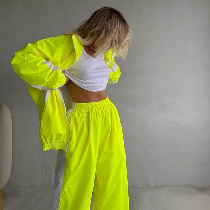 Women's Sporty Zip Up Track Jacket and Wide Leg Pants Set In Pink with Side Stripes