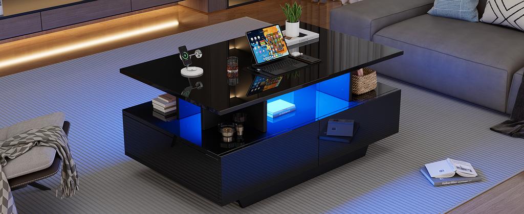 Moderner Hochglanz-Couchtisch mit LED-Beleuchtung und 2 Schubladen – Stilvoller 90x55x41 cm Beistelltisch mit Stauraum, Belastbarkeit bis 30 kg