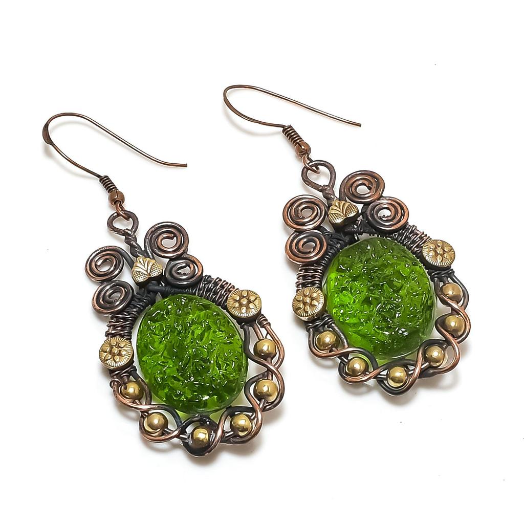 Moldavite Earrings, 999 Copper Wire Wrapped Gemstone Jewelry, Handmade Earrings For Mother Day