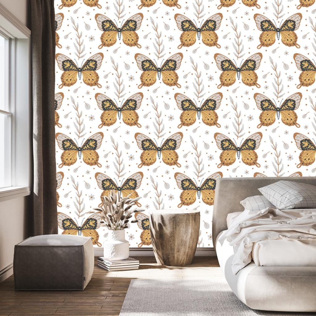 Rainbows and Butterflies Boho Wallpaper, Gold and Light Gray, 50x1000