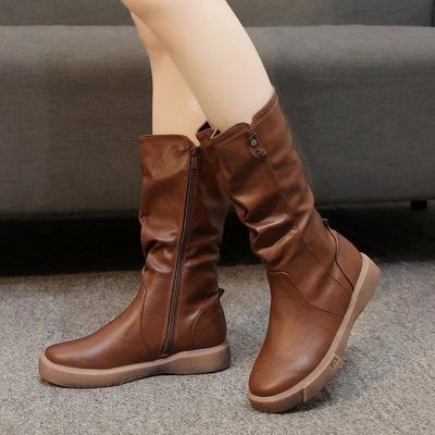 Frauen Warme Plüsch Fell PU Leder Mitte Wade Stiefel Mutter Schnee Stiefel Weibliche Damen Wohnungen Schuhe Zip Plattform Stiefel