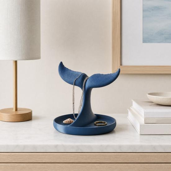 3D Printed Whale Tail Jewelry Organizer, Earring Necklace Display Stand with Ring Tray, Creative Desktop Decor, Elegant Vanity Dresser Accessories