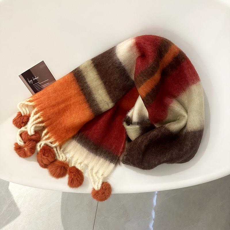 Winter new high-end warm thickened scarf women's winter dopamine striped hairball cold-proof shawl