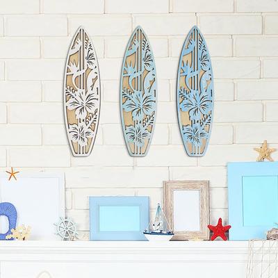 Wooden Surfboard Wall Hanging Decor Coastal Beach Hollow Surfboard Wall Art for Summer Tropical Bedroom Living Room Decoration