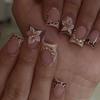 24Pcs Leopard Print French Press On Nails, Short Square Fake Nails with 3D Flower & Rhinestones