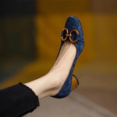 Retro Horse Buckle High Heels Women's Spring New Square Head Light Mouth Thick Heel Women's Single Shoes