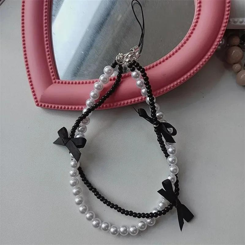 

Sweet Black Pink BowKnot Beads Phone Chain Charm Lanyard For iPhone Samsung Huawei Universal Accessories Jewelry Pendant 1