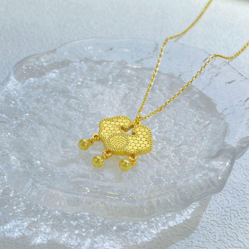 Gold-Plated Ancient Peace Lock Pendant Necklace with Auspicious Cloud Bell - Chinese Style Jewelry for Women