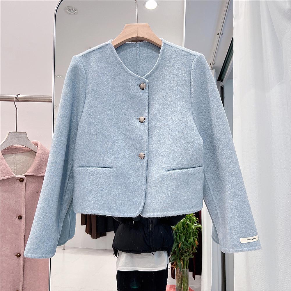 **2024 Noble Women's Short Double-Sided Cashmere Coat - Korean Style Wool Round Neck**