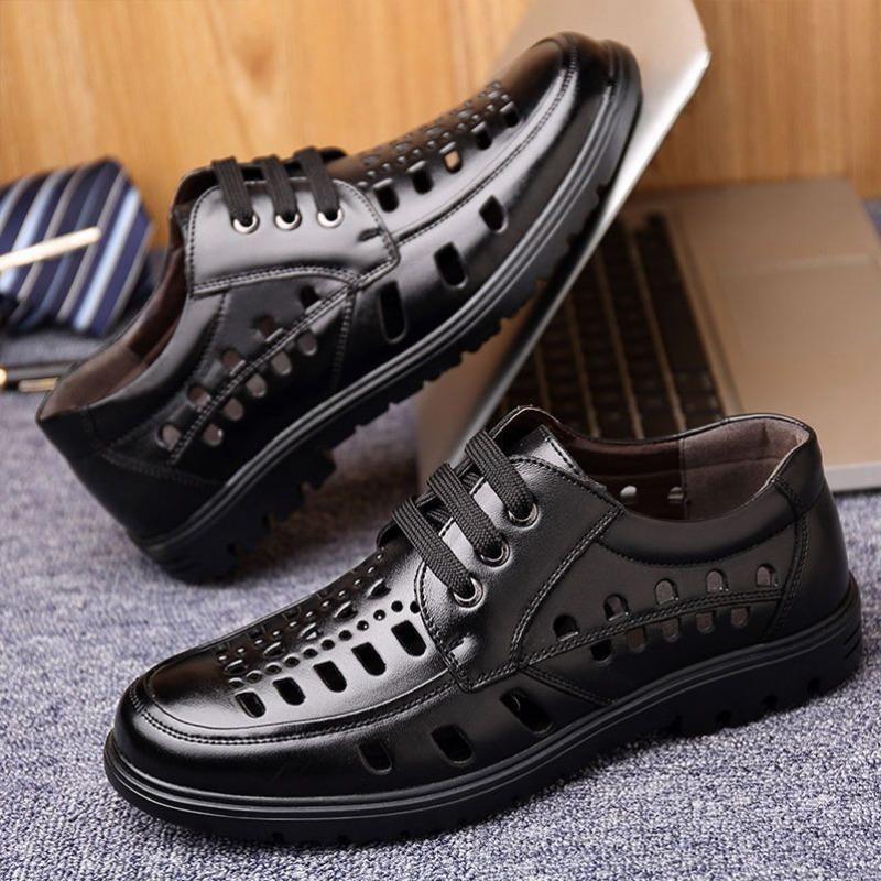Leather cowhide summer sandals men's leather casual cool leather shoes breathable hollow lace-up leather shoes