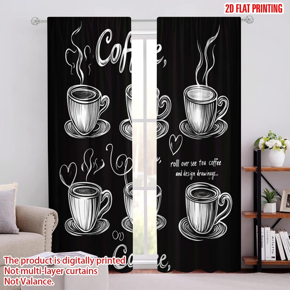 2pcs,2D Plane Printing Print Curtains Chalk Coffee Cups Versatile Polyester Fabric (without Rod) Decorations For Home Ldeal for