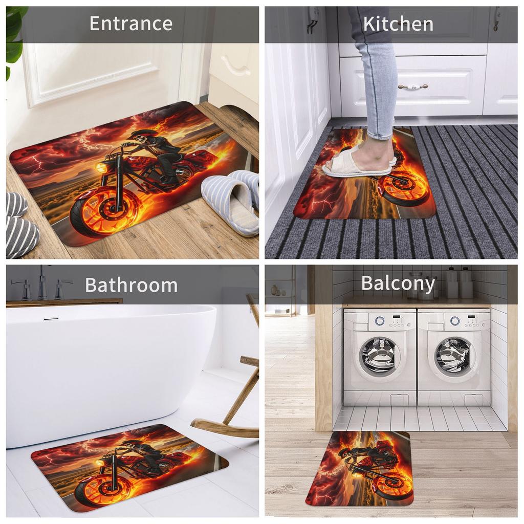 Retro Flame Skull Riding Motorcycle Floor Door Kitchen Bathroom Mats Anti-Slip Indoor Doormat Living Room Entrance Carpet Rug