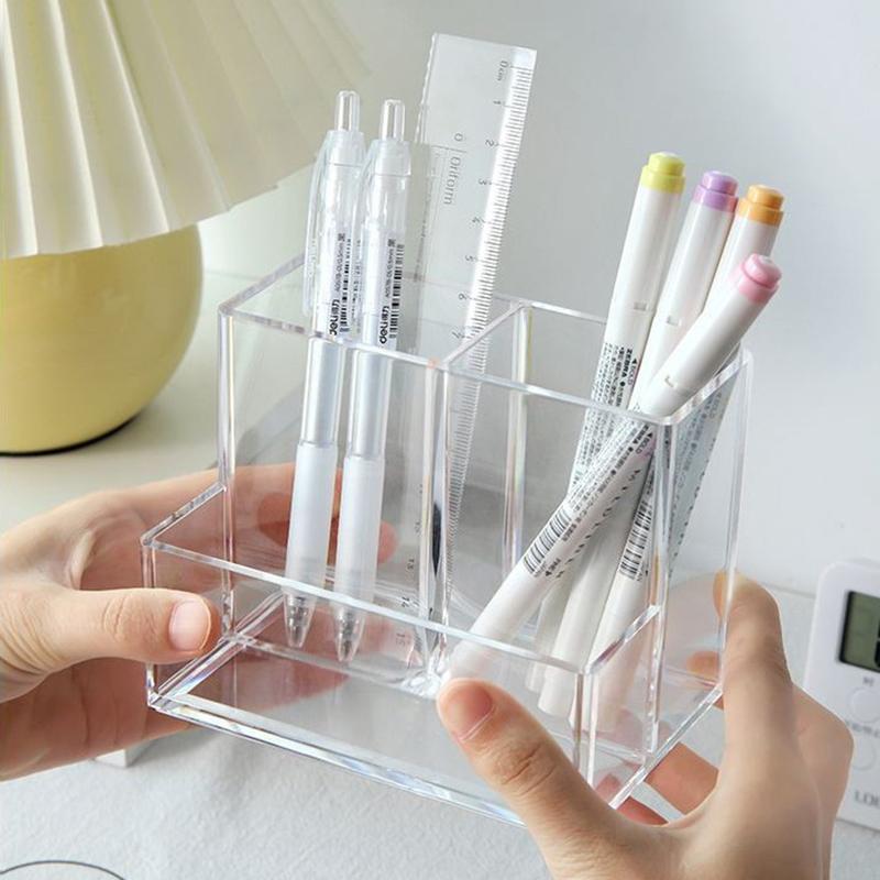 Transparent Three Grids Makeup Box Make Up Brush Bucket Cosmetic Organizer Student Desk Pen Container Storage Box