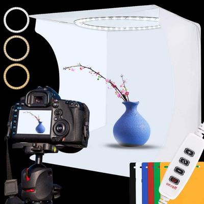 30x30cm Foldable Photography Kit, Easy-to-Use Photo Box with 3-Color LED Light, Warm/White/Cool Light, Adjustable Brightness, and 6 Color Backdrops