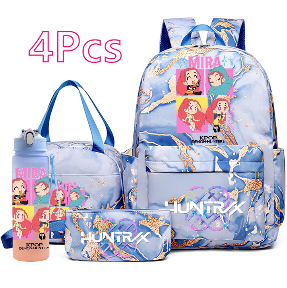 4 st/set K-Pop Tryckt Ryggsäck Handväska Pennfodral med 750 ml Vattenflaska för Tonårspojke Flicka Skolväska Student Stor Kapacitet Bokväska Barn Gåva