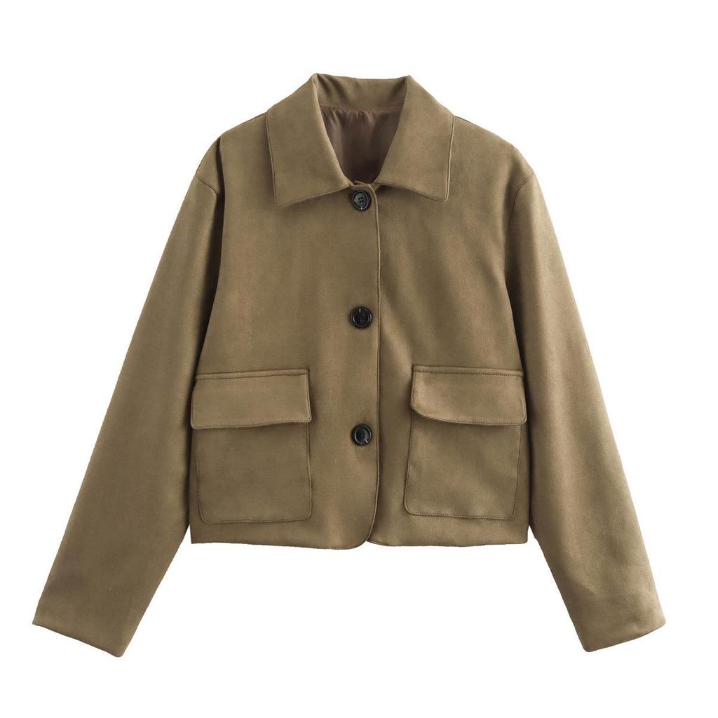 Women's Suede Pocket Jacket with Turn-Down Collar - 2024 Autumn Casual European & American Style