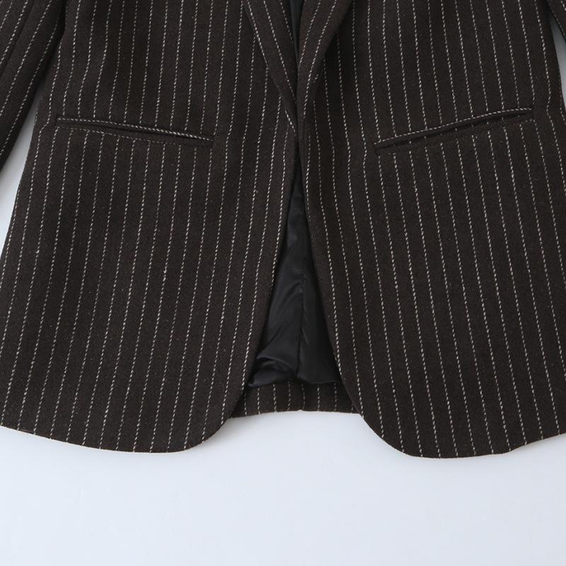 Women's Striped Open Front Blazer, Thick Woolen Suit Jacket, Elegant Commuter Waist Slimming Design,Stylish No Button Ladies Business Outerwear