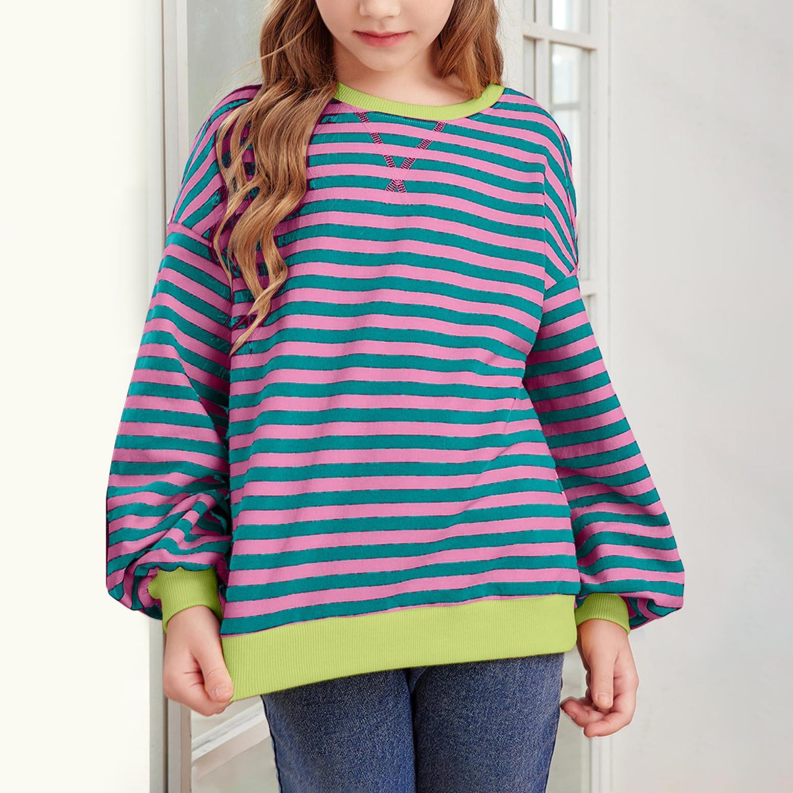 Unisex Round Neck Long Sleeve Striped Loose Fit Casual Sweatshirt Contrast Color Kids Top 90 розовый