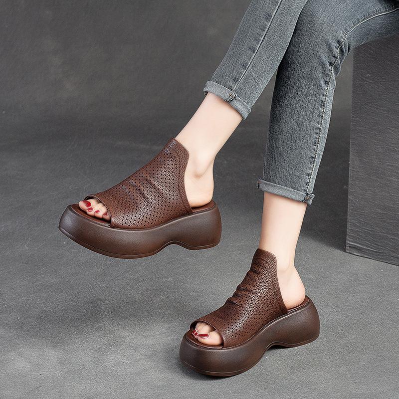 Fashion 6CM Cow Genuine Leather Summer Well-fitting Peep Toe Cozy Comfortable Contoured Lightweiget Loafer Women Slipper Sandals Shoes