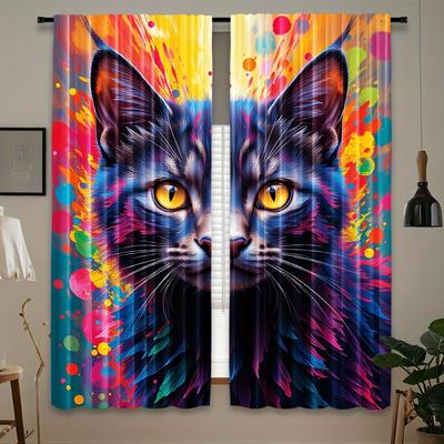 Set Of 2 Vibrant Cat Art Print Curtains Colorful Abstract Design Semi Transparent Polyester Easy Hanging Perfect Curtain With Rod Pocket