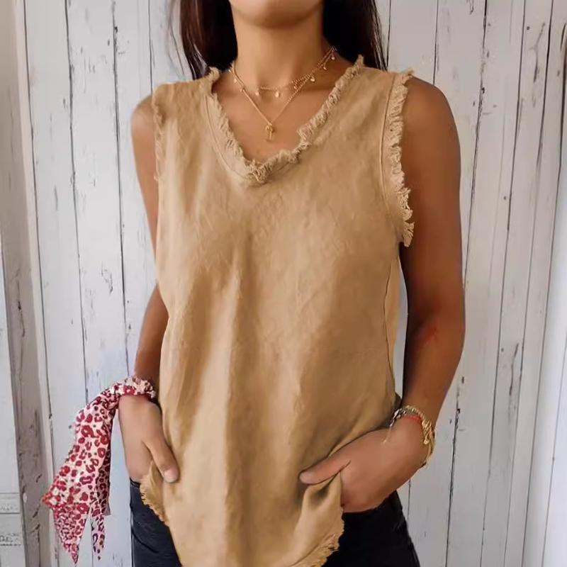 Summer Sleeveless O-Neck Tank Top with Tassel Splicing