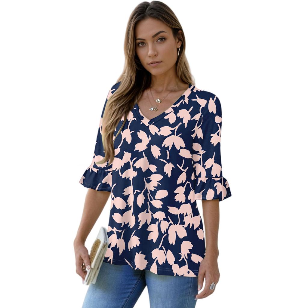 Women's Casual 3/4 Sleeve Tops V-Neck Sleeve T-Shirt Floral Print Tops