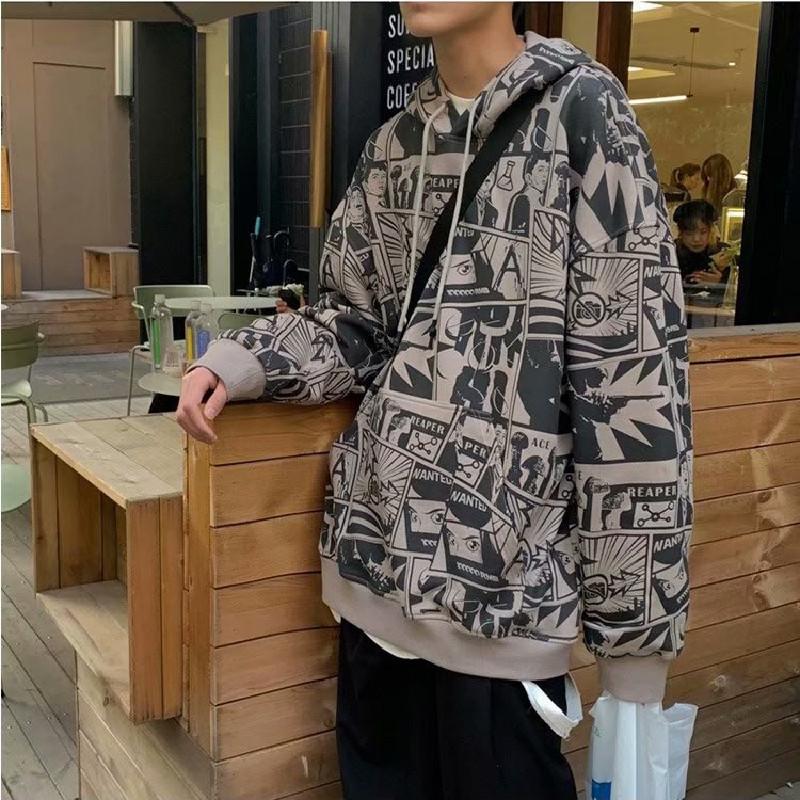 Spring and Autumn Men's Hooded Sweater Cartoon Print Hooded Loose Jacket