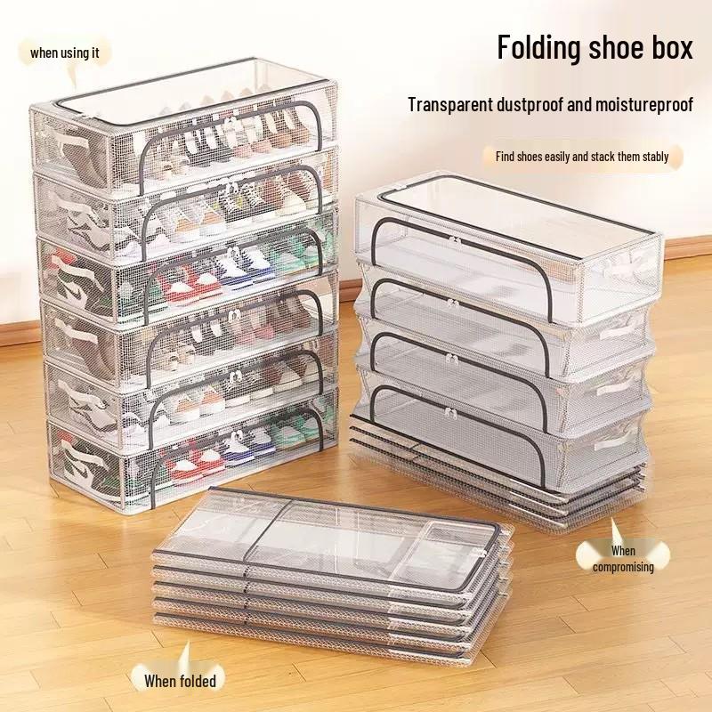 Transparent Folding Shoe Storage Box with Steel Frame and Under-Bed Design