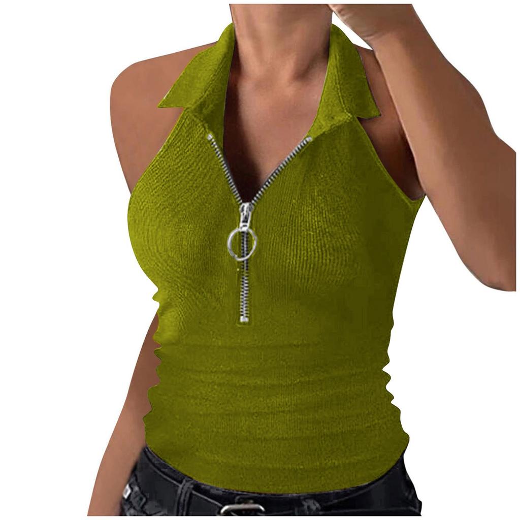 Women's  Vest Collared Summer Tank Top Ribbed Half Zipper V Neck Slim Cropped Sleeveless Cami Shirt