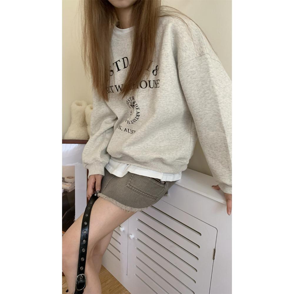 American Loose White Gray Printed Round Neck New Hoodie for Women with Thick Velvet Top