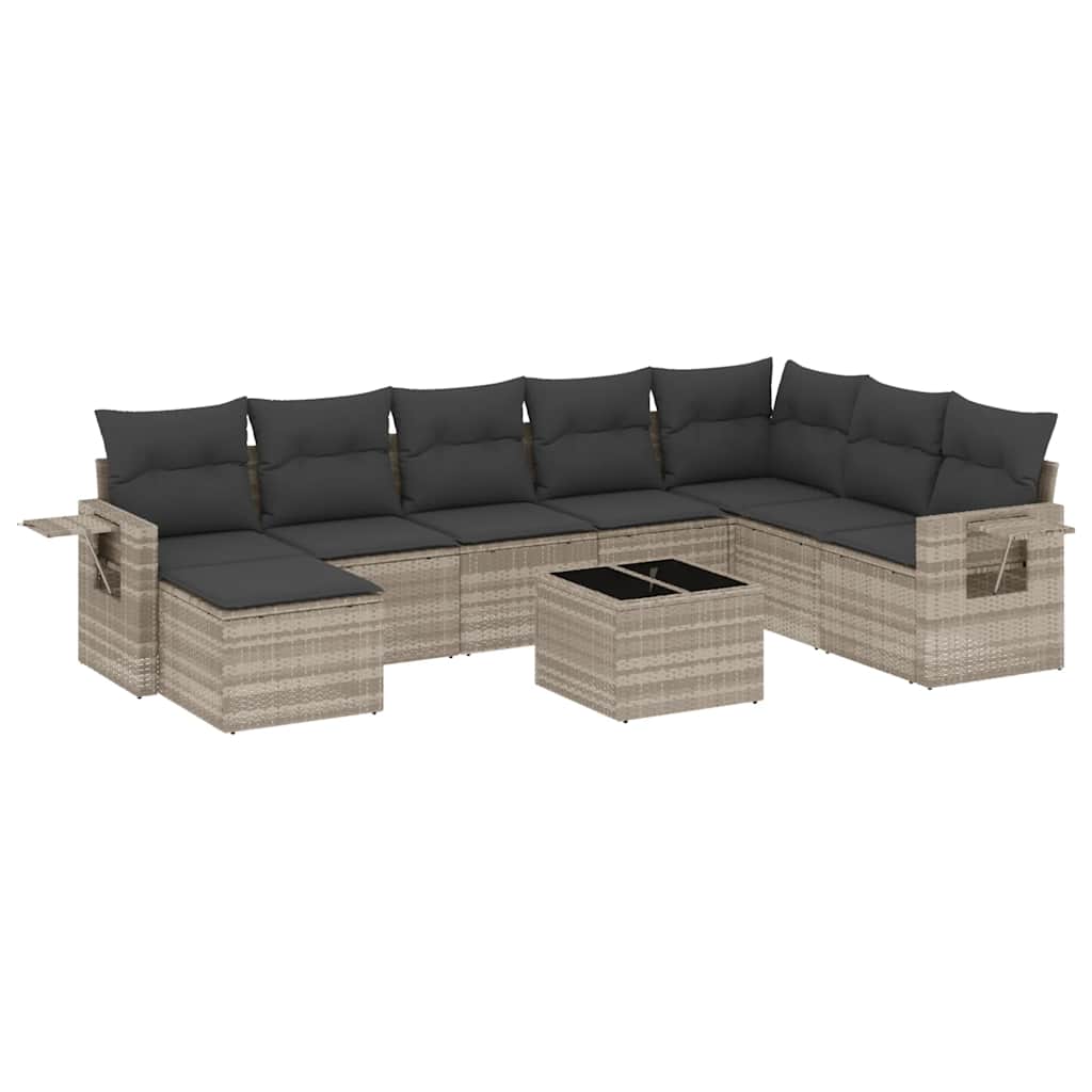 Vidaxl 9-Cz. Garden Furniture Set, Cushions, Light Grey Poly Rattan