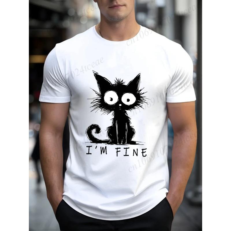 Fun Mischievous Cat Print Japanese Style T-Shirts Men Fashion Tshirs Breathable Summer T-Shirts Cotton Loose Tee Clothes