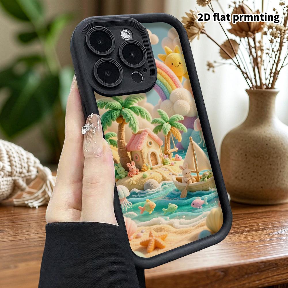 Phone Case: 2D Flat, Suitable for iPhone 18 17 16 15 14 13 12Pro Protective Case, Rainbow Island Little Boat, Perfect Christmas and Halloween Holiday
