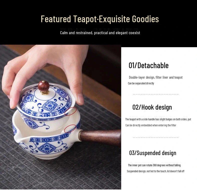 Compact Travel Tea Set with Automatic Rotating Teapot and Side Handle Kung Fu Cups