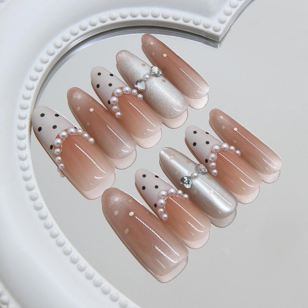 Cream Apricot Polka Dot Sparkly Press On Nails Medium Almond Sweet French For Ladies 30pcs Box & Strip Non Special Cosmetics