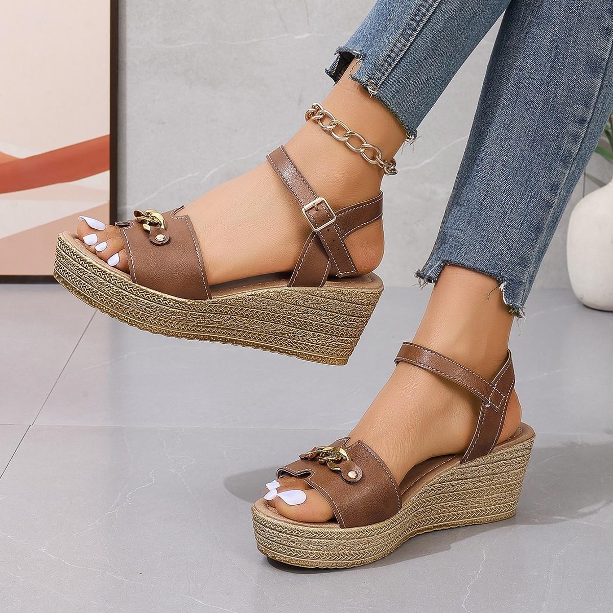 

New wedge heel sandals women s large size chain high heel buckle with fish mouth open-toed women s shoes 41 темно-коричневого кольору