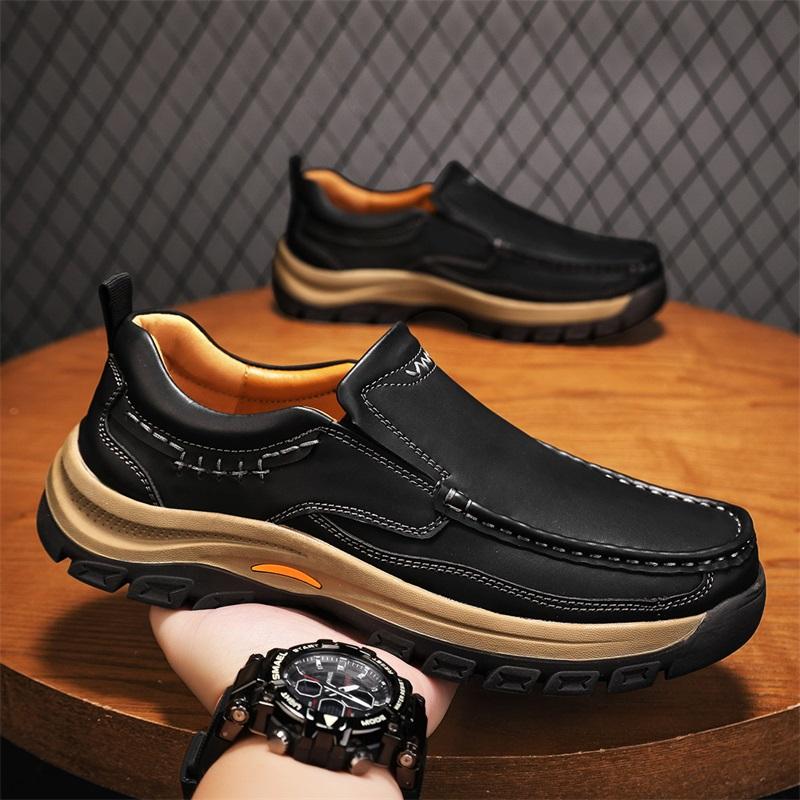 Genuine Leather Men's Slip-On Flats Handmade Casual Leather Shoes Wear-Resistant Loafers Anti-Skid Round Toe Business Footwear