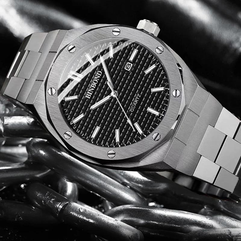 BINBOND Top Brand Business Men Quartz Watches Stainless Steel Calendar Waterproof Luxury Luminous Multifunctional Men Wristwatch