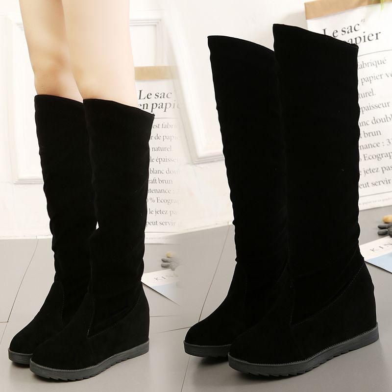 Autumn and Winter Velvet Medium and Long Boots High Heel Women's Suede Medium Boots Rhinestone Slope Heel Long Inner Height Increasing Women's Knig